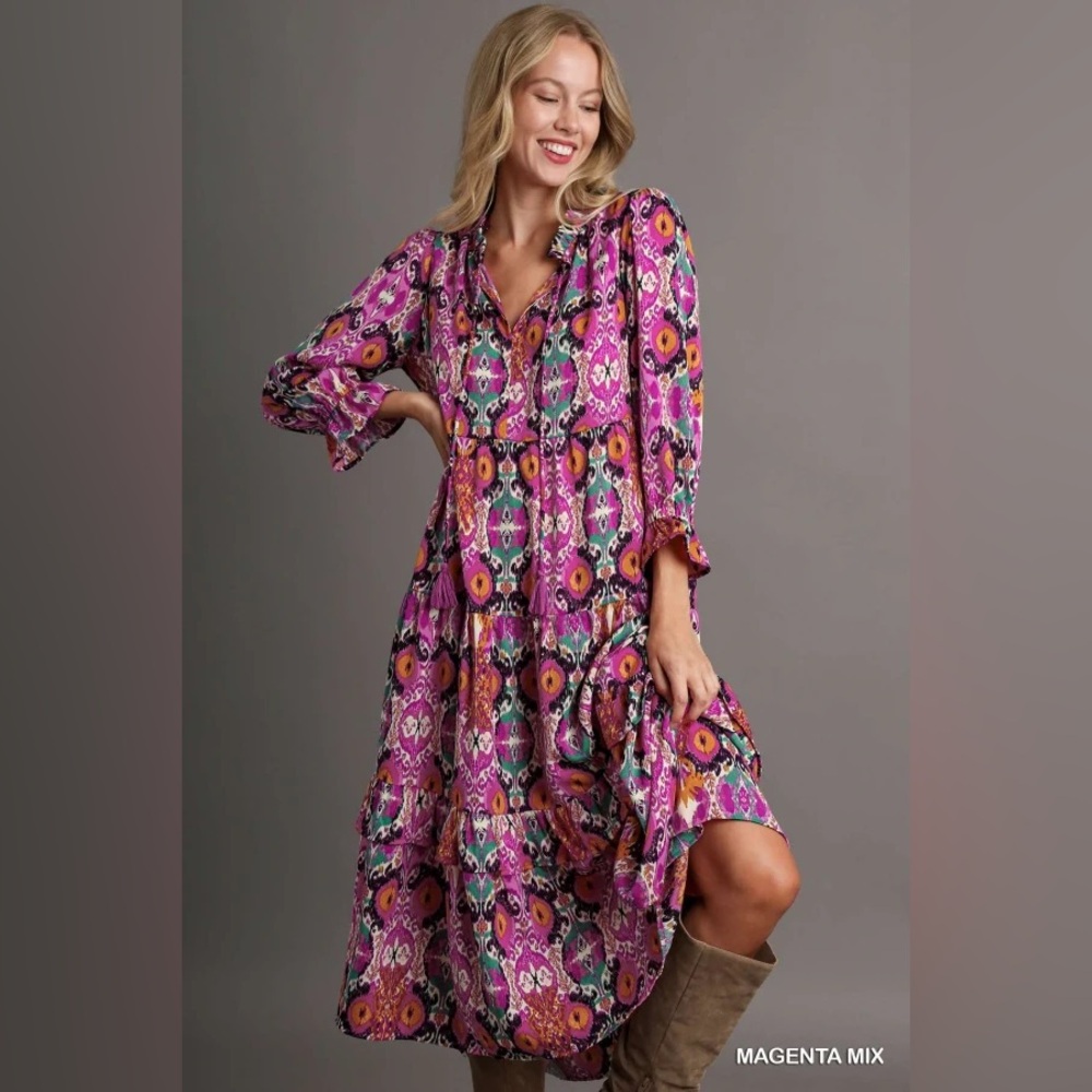 Umgee Boho  Magenta Mix Print Tiered Midi Dress